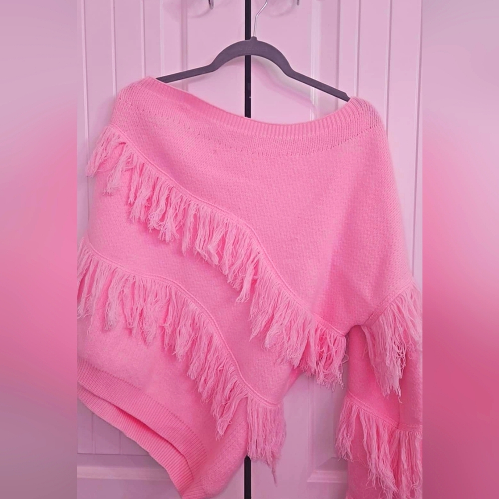 Pink Fringed Women's Sweater One Shoulder